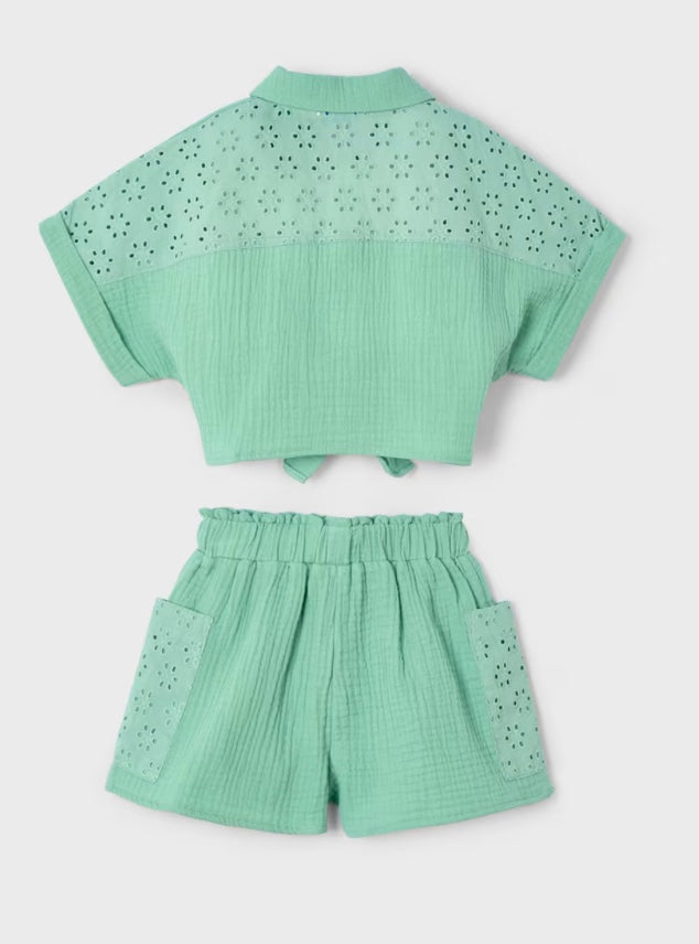 Girl Eyelet Shorts and Blouse Set - Mint