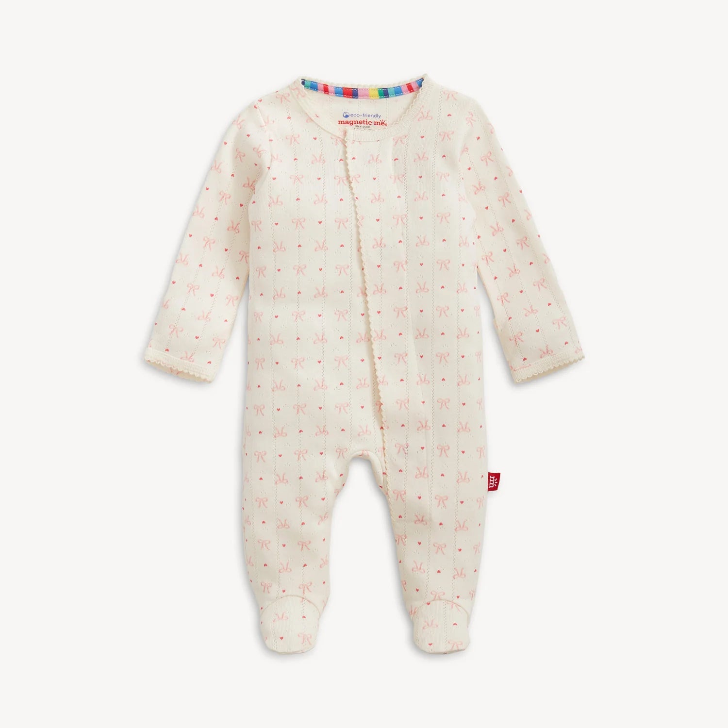 Heart and Bow Organic Cotton Pointelle Magnetic Footie
