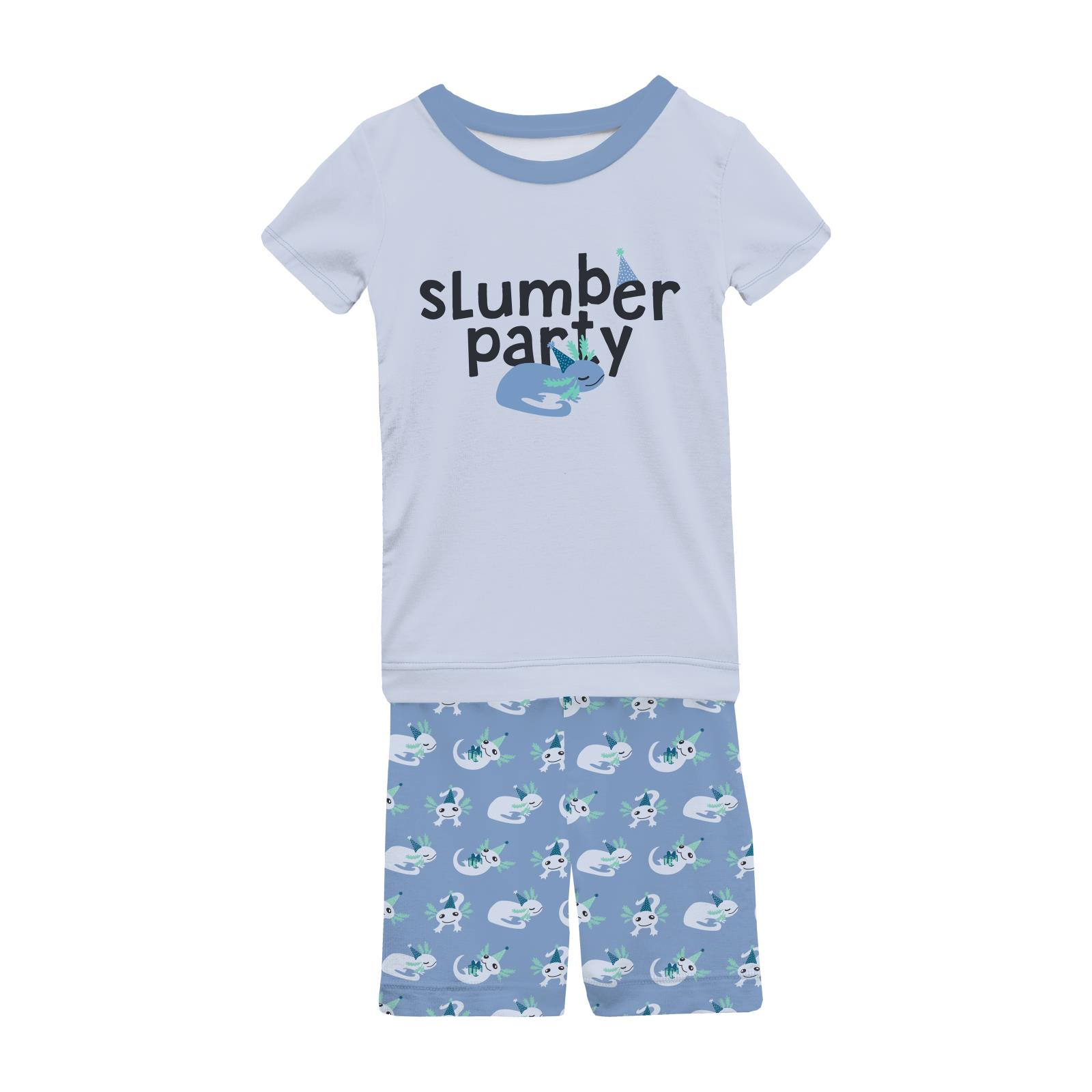 Short Sleeve Graphic Tee Pajama Set with Shorts - Dream Blue Axolotl Party