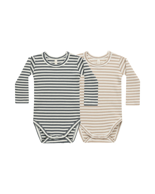 Ribbed Bodysuit - Indigo Stripe, Latte Stripe