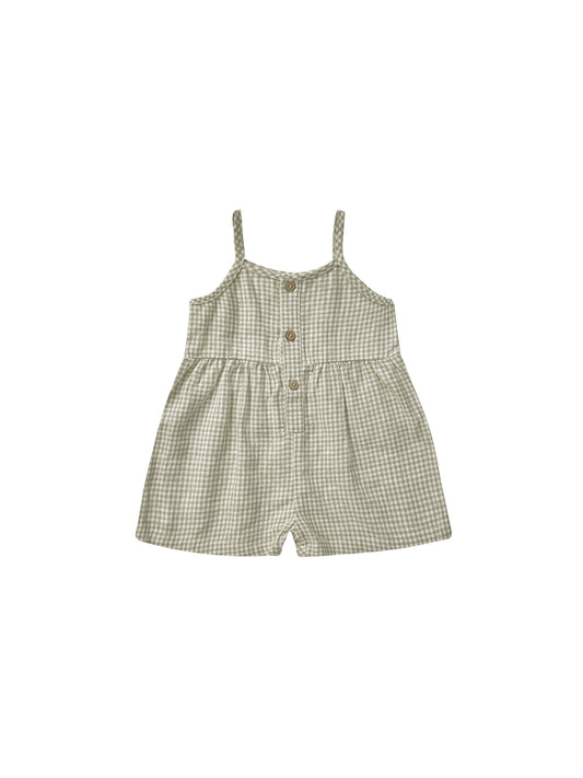 Button Romper - Sage Gingham