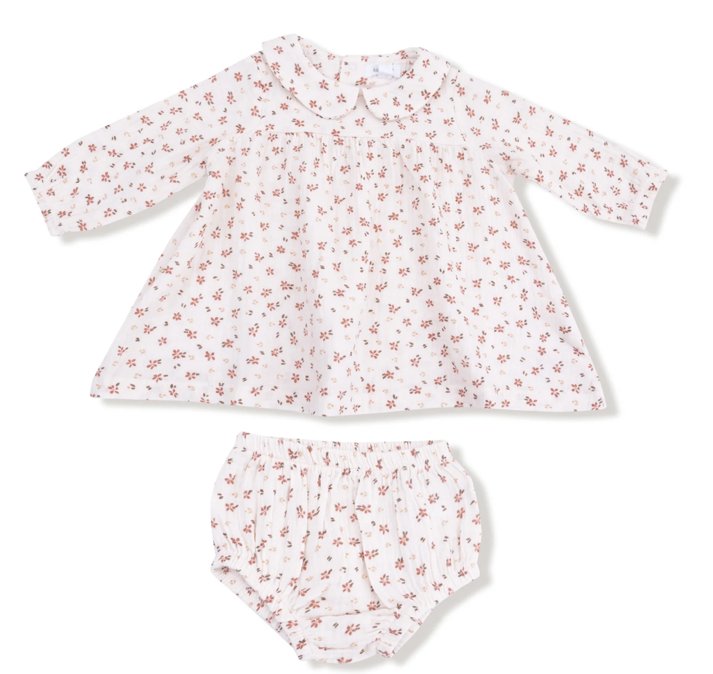 Carrie Floral Muslin Simple Long Sleeve Peter Pan Collar Dress + Diaper Cover