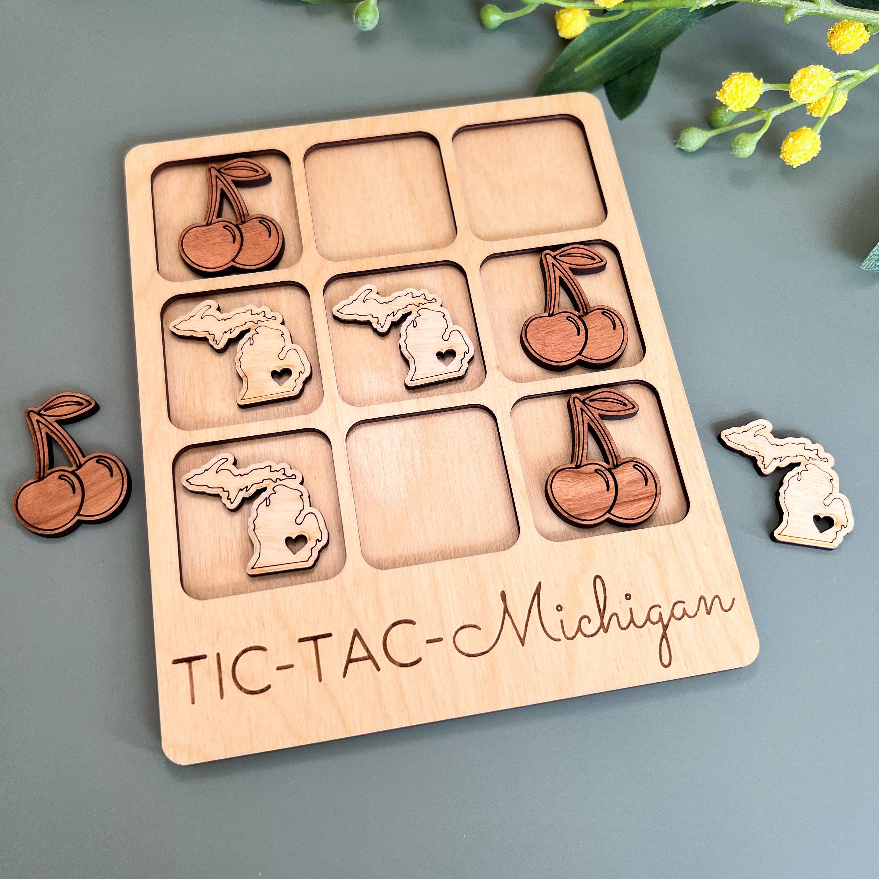 Michigan State Gift - Tic-Tac-Toe MI Game Customizable: State + Cherries-Little Sprout