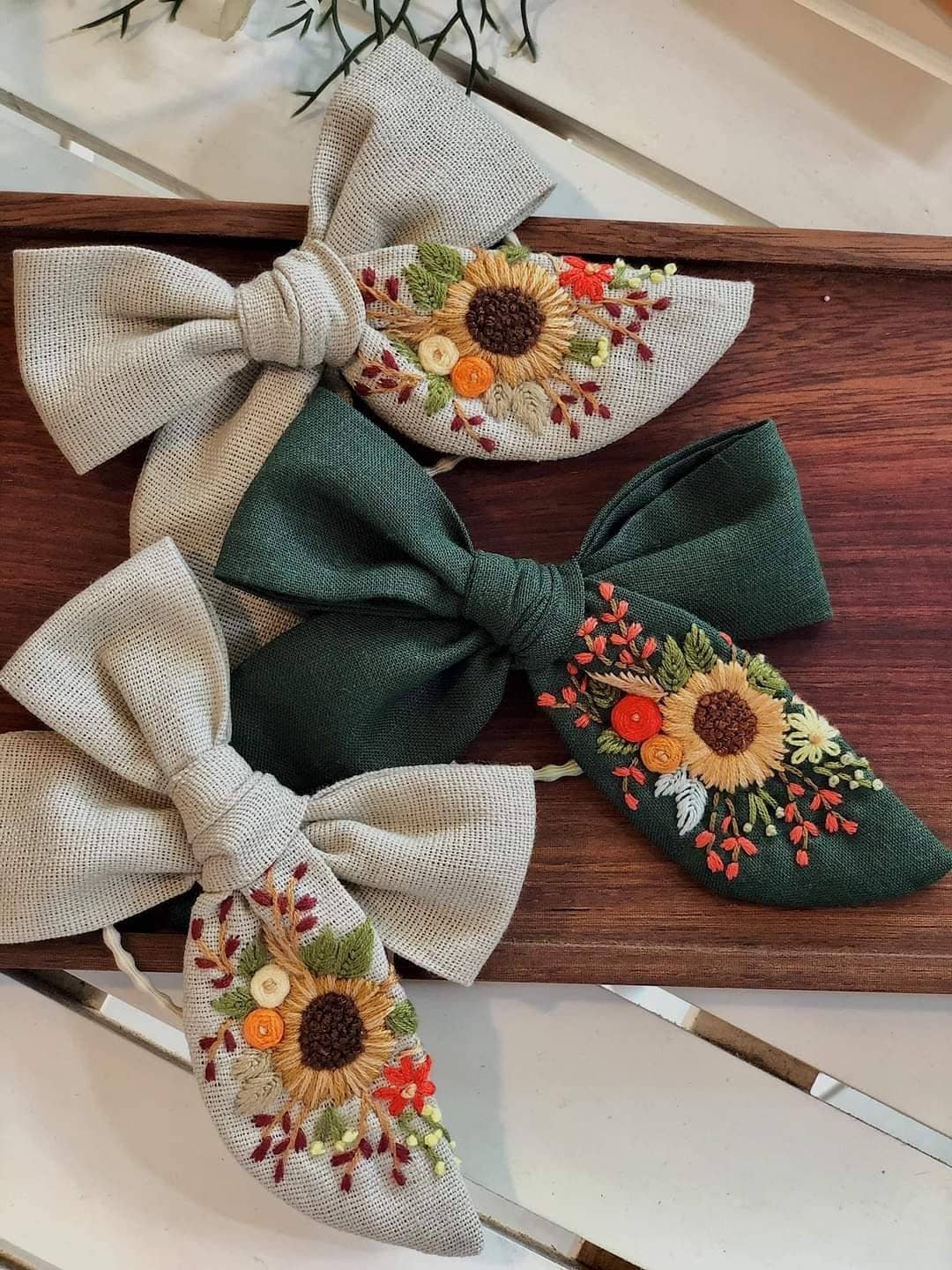 Embroidered Hair Bow, Christmas Collection: 4. Sunflower - Beige