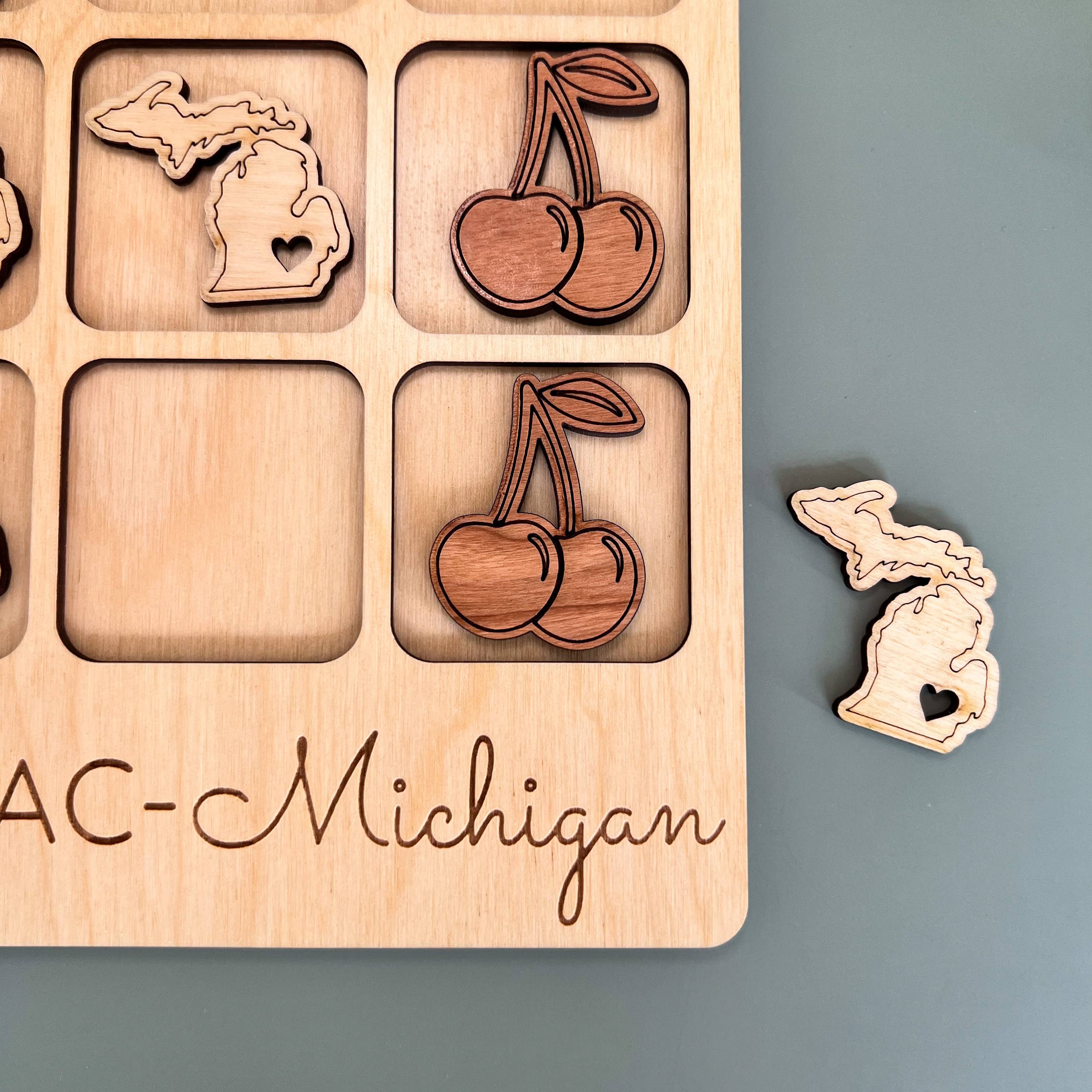 Michigan State Gift - Tic-Tac-Toe MI Game Customizable: State + Cherries-Little Sprout