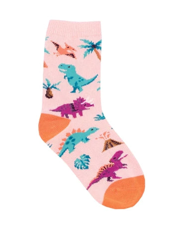 Kids Cotton Crew Socks-Pink Nervous Rex  4-7Y