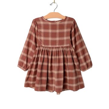 Flannel Puff Sleeve Dress - Rust