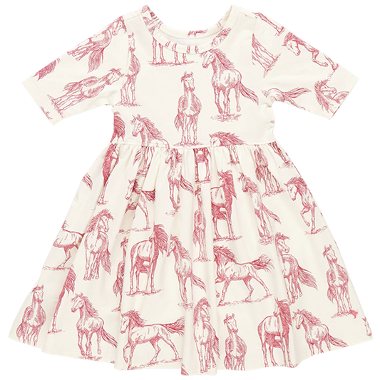 Girls Organic Steph Dress - Vintage Rose Horses