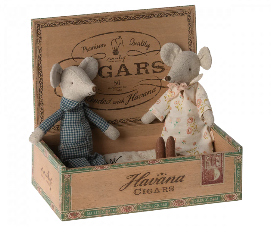 grandma and grandpa mice in cigar box