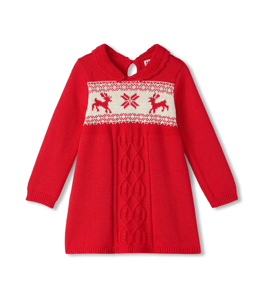 Holiday Flared Cable Knit Sweater Dress - Chex Red