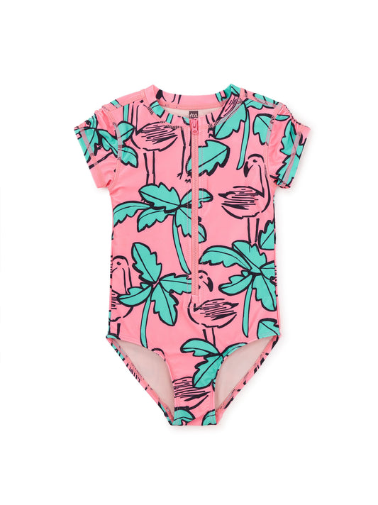 Rash Guard One-Piece Swimsuit - Flamingo Sketch