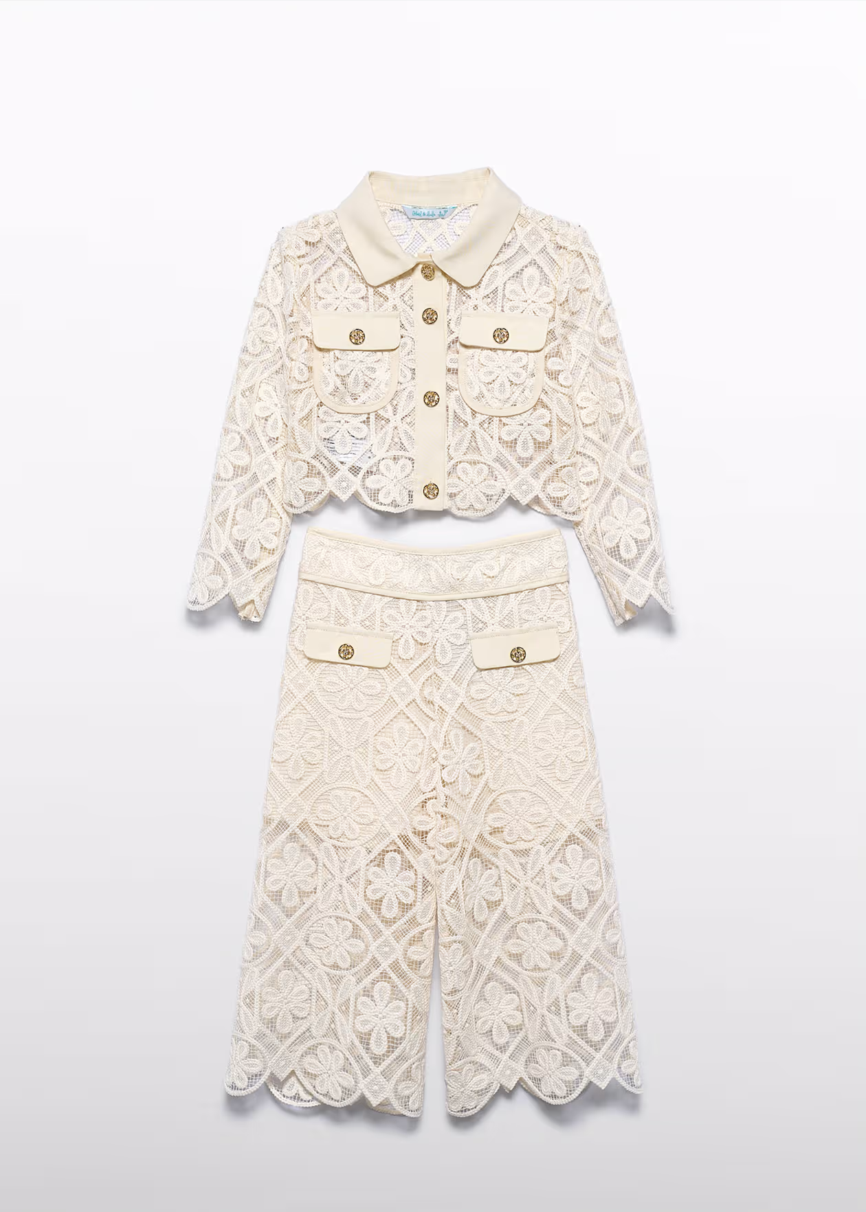 Abel and Lula Guipure Culotte Pants and Blazer Set. Cream Little Sprout