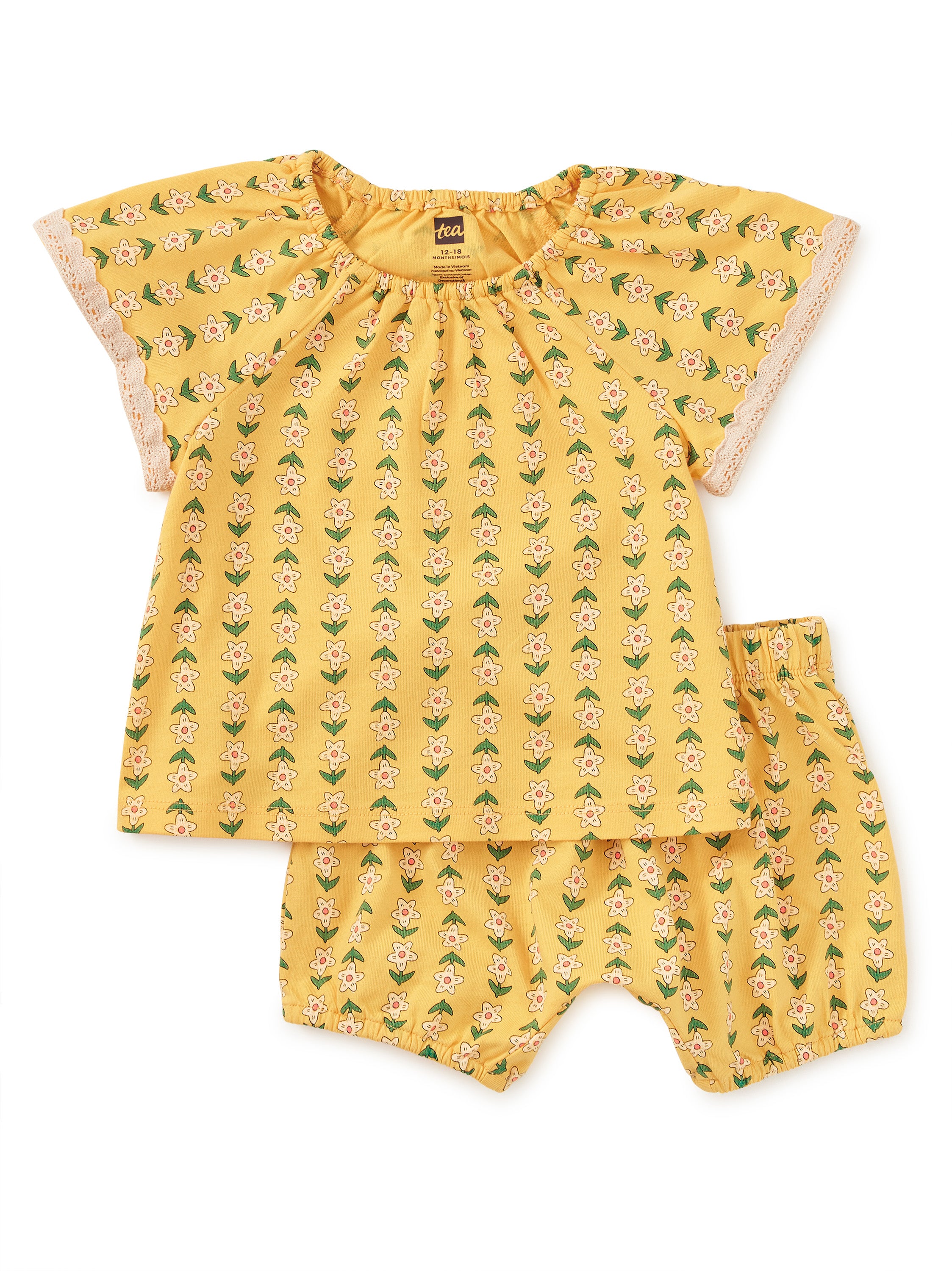 Tea Collection Printed Crochet Trim Baby Set Vintage Floral Tile Little Sprout