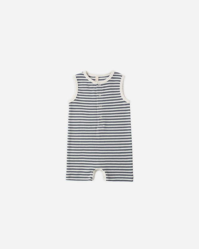 Quincy Mae Ribbed Henley Romper Ocean Stripe Little Sprout