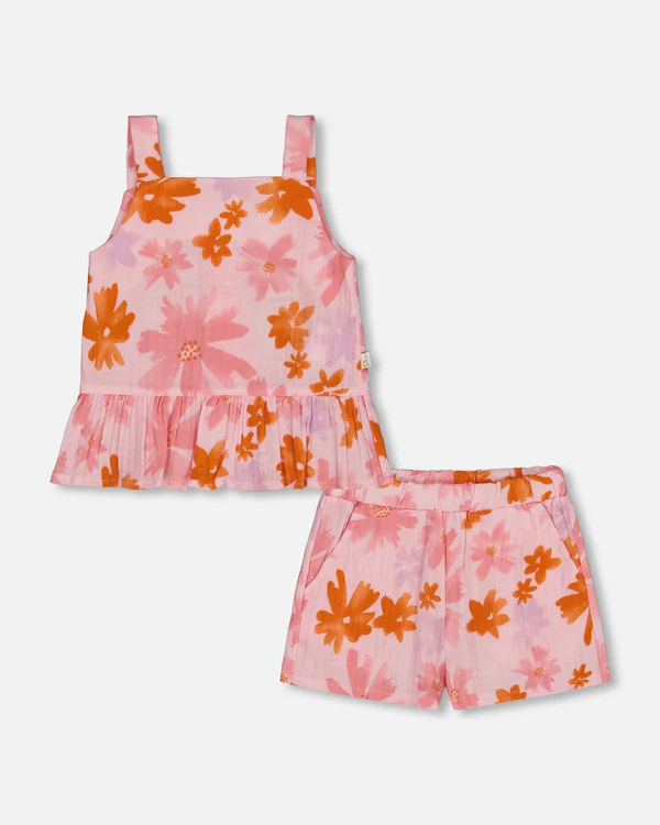 Frilled Muslin Tank Top and Short Set - Printed Watercolor