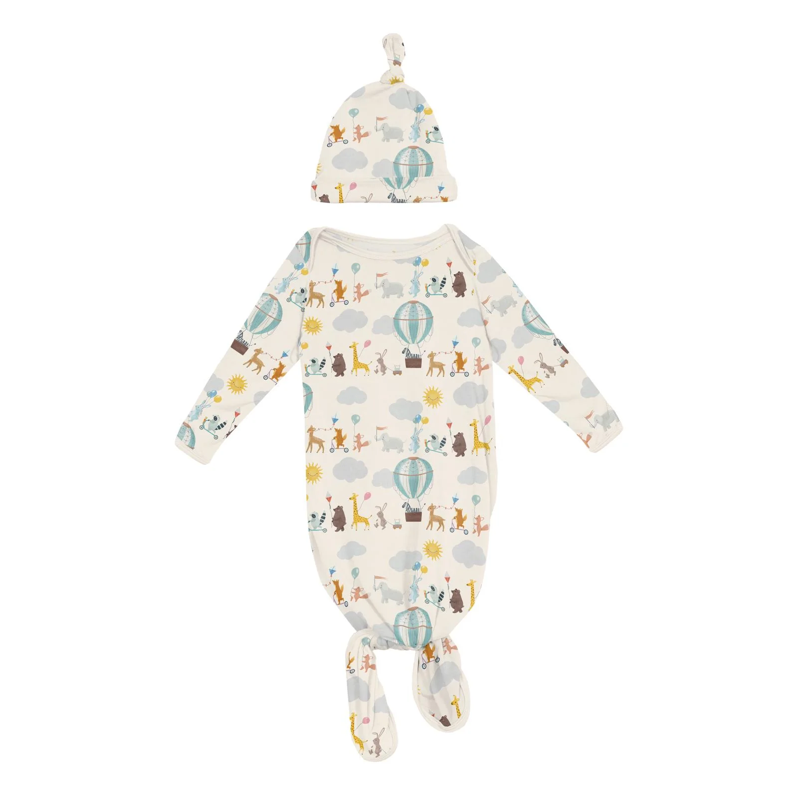 Print Knotted Layette Gown & Hat Set - Natural Animal Parade