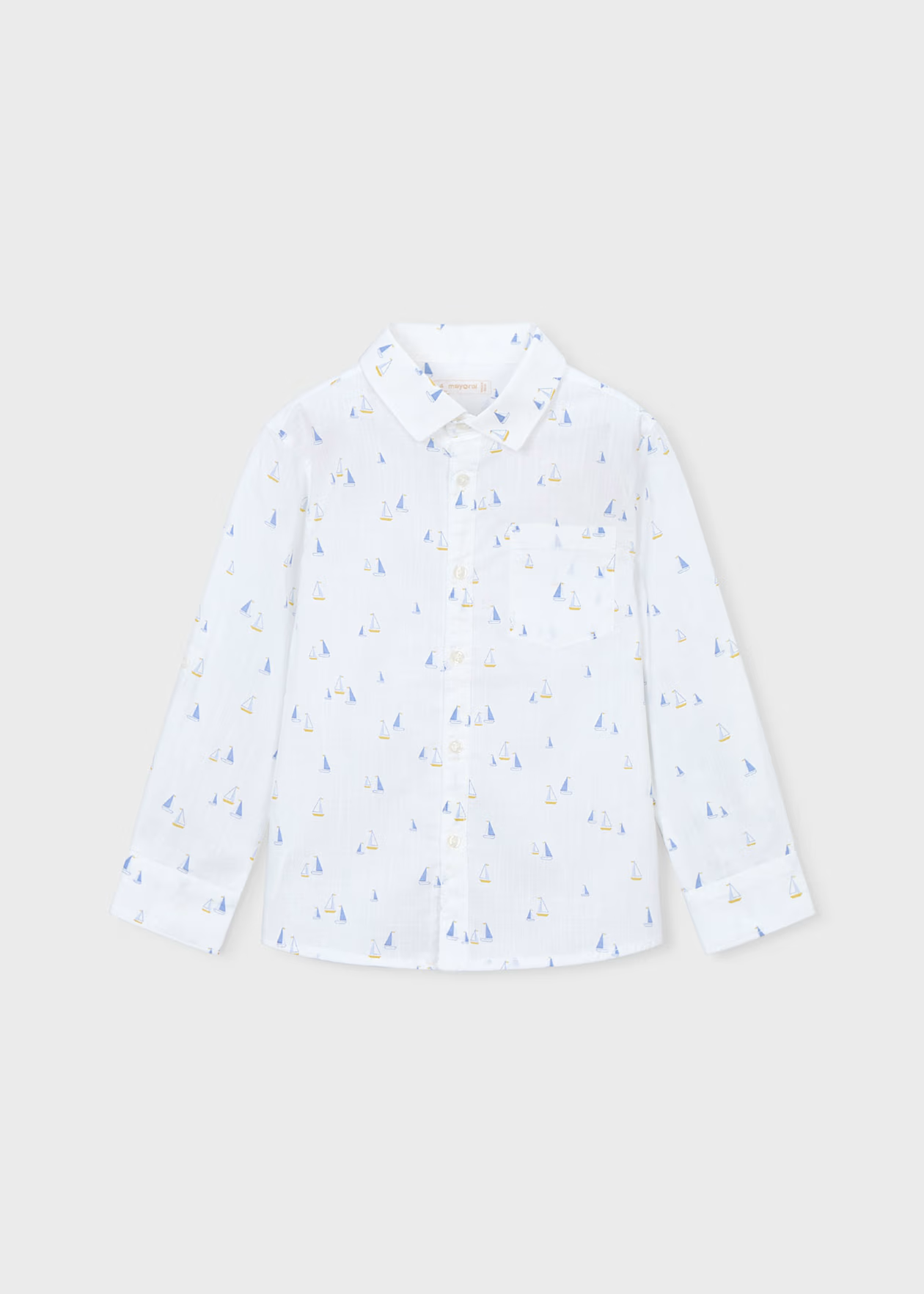 Mayoral Boy Long Sleeve Linen Button Down Shirt White Indigo Sailboat Little Sprout
