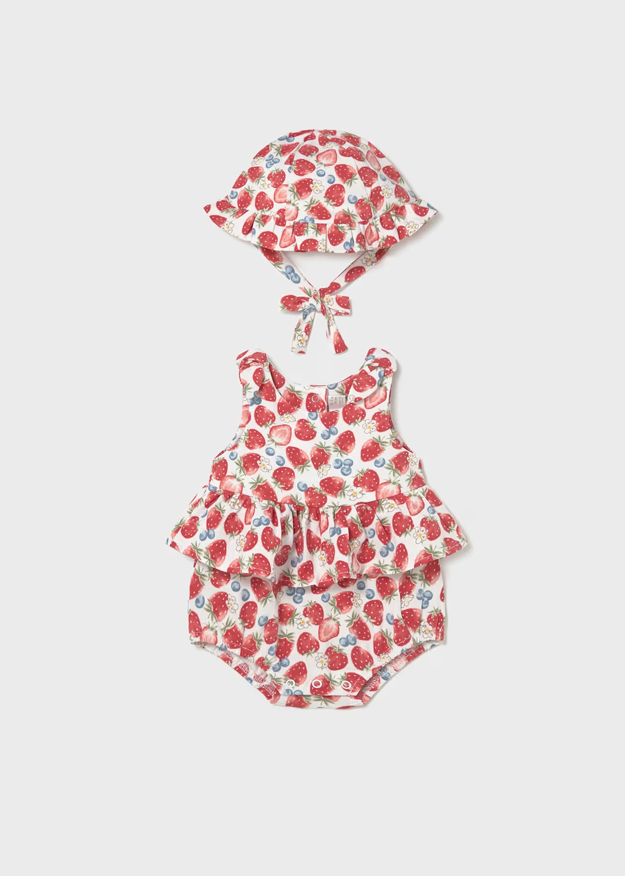 Mayoral Newborn Girl Printed Romper and Hat Set Red Strawberries Little Sprout