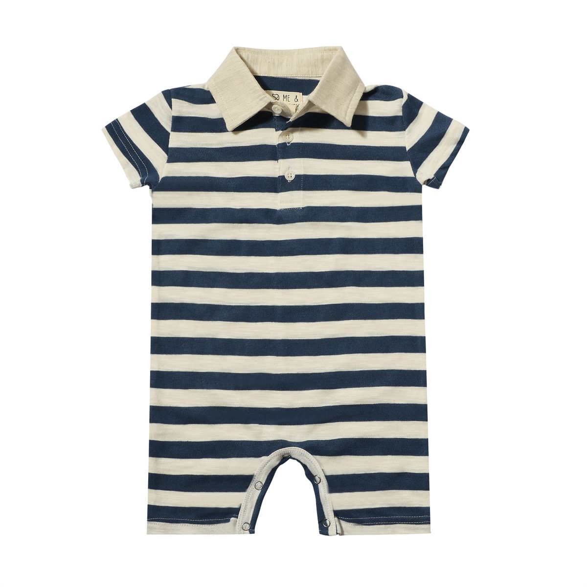 ME and Henry Saltash Polo Romper Navy White Striped Slub Little Sprout