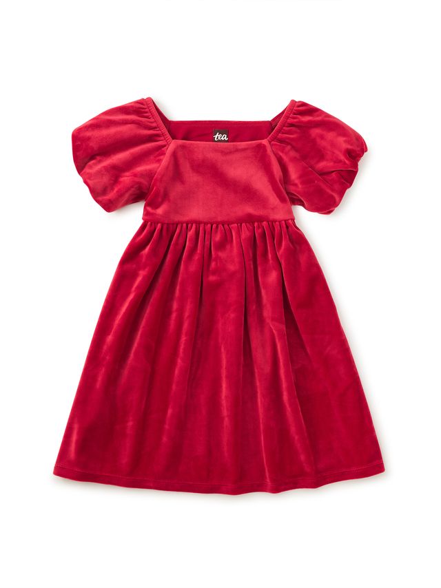 Tea Puff Shoulder Velour Dress Red Wagon Little Sprout