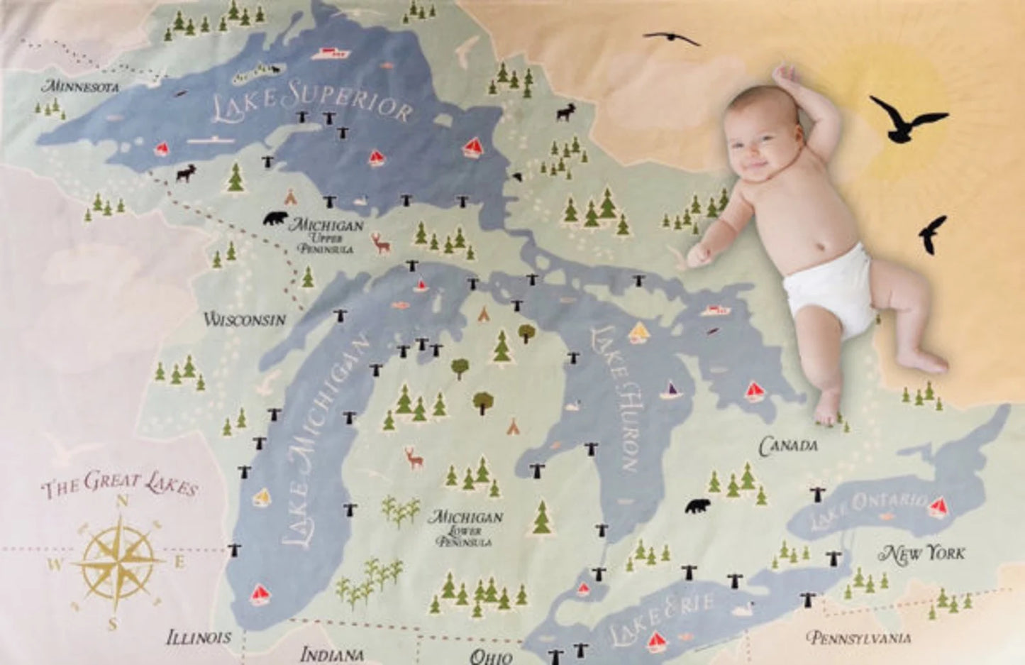 Baby Swaddle Blanket -  Great Lakes Map