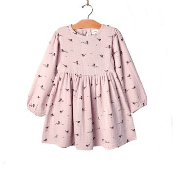 Muslin Puff Sleeve Dress - Lavender Birds