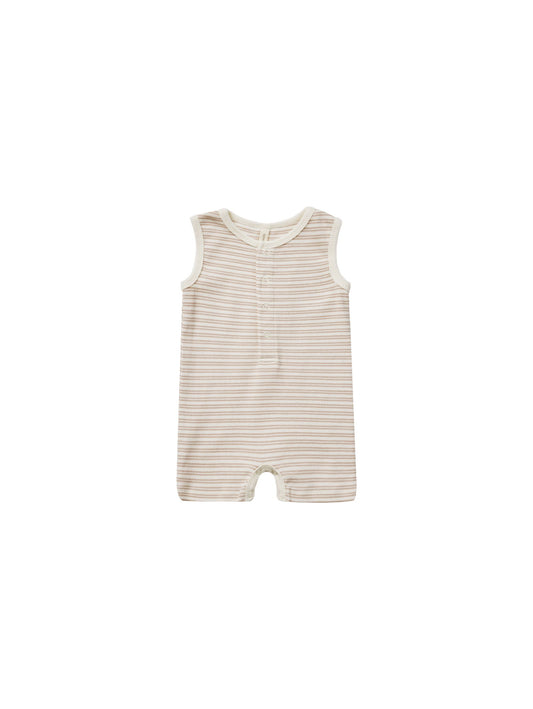 Ribbed Henley Romper - Oat Stripe