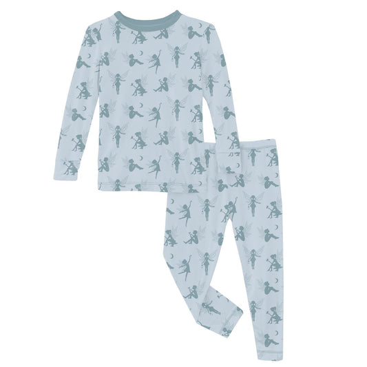 Print Long Sleeve Pajama Set - Illusion Blue Forest Fairies