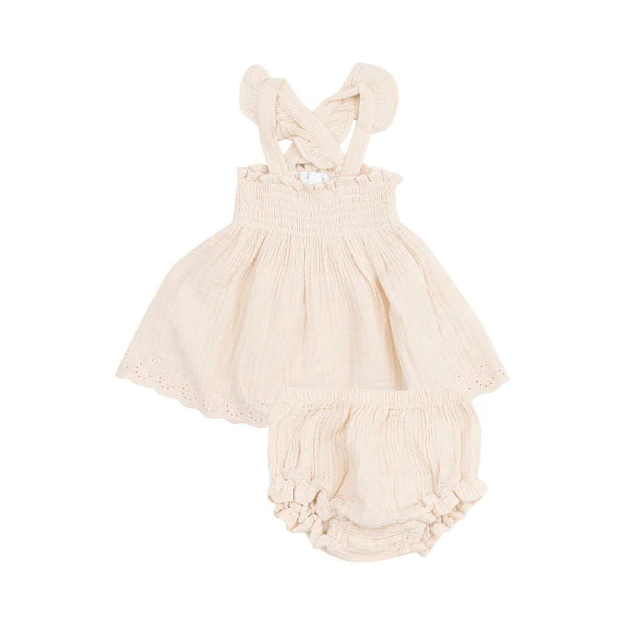 Solid Muslin White Swan Ruffle Strap Smocked Top and Diaper Cover